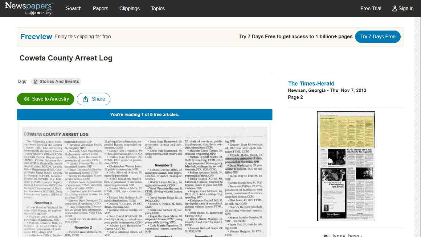 Coweta County Arrest Log - Newspapers.com™